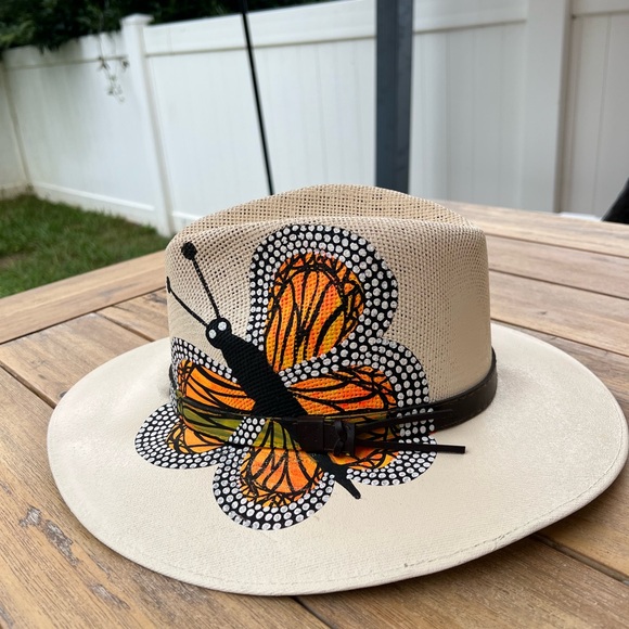 Hand Painted Butterfly Embroidered Tan Hat - Picture 1 of 7